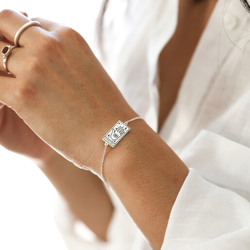 Model wearing Silver Fortune Tarot Card Bracelet Model wearing Silver Fortune Tarot Card BraceletModel wearing Silver Fortune Tarot Card Bracelet
