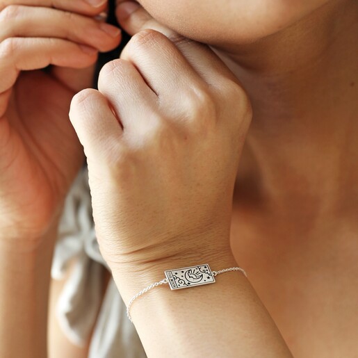 Model Wearing Silver The Moon Tarot Card Bracelet