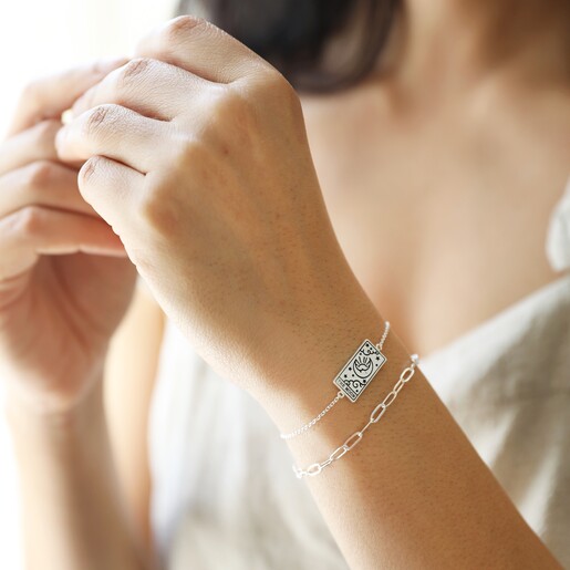 Model Wearing Layered Silver The Moon Tarot Card Bracelet