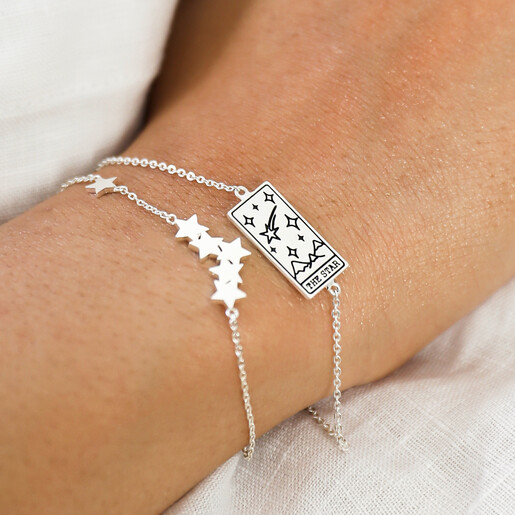 Model Wearing The Layered Silver Star Tarot Card Bracelet