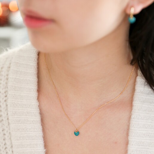 Model Wearing Delicate Tiny Teal Enamel Heart Necklace