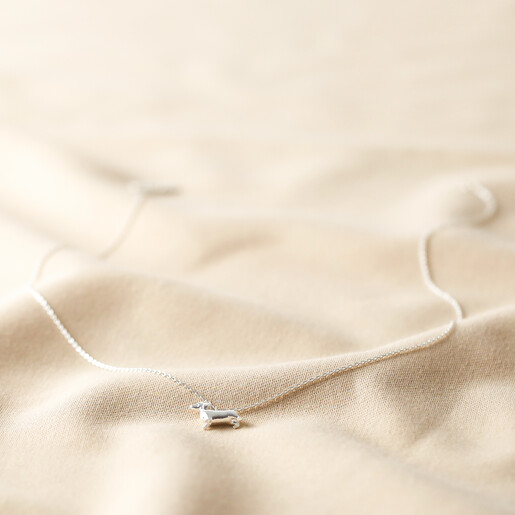 Sausage Dog Necklace in Silver full length of sausage dog necklace in silver