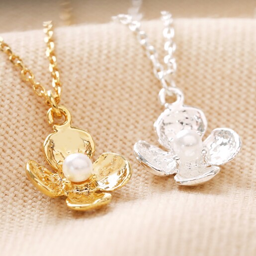 Small Flower Necklace with Pearl Centre in Silver and Gold