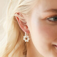 Model Wearing Big Metal London Pearl Daisy Hoop Earrings in Silver