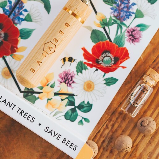 Beevive Bamboo Bee Revival Kit Keyring in Gold in packaging next to glass bottle and seedballs