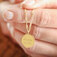 close up of model holding Personalised Name Gold Sterling Silver Organic Charm Necklace