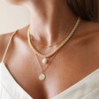 Model Wearing Gold Sterling Silver Satellite Necklace Chain Layered With Other Gold Necklaces