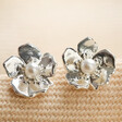 Estella Bartlett Silver Pearl Buttercup Stud Earrings on fabric