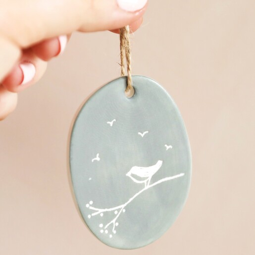 Bird Print on Front of East of India Sgraffito Thank You Hanging Decoration