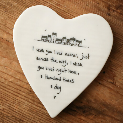 East of India Wish You Lived Nearer Heart Coaster on brown wooden table