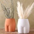 Front of Terracotta and White Ceramic Speckled Bum Vases with Dried Grasses