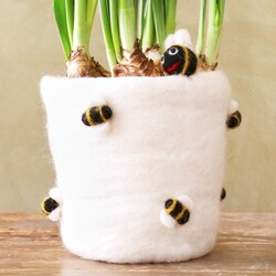 Felt Honey Bee Plant Pot Cover in White