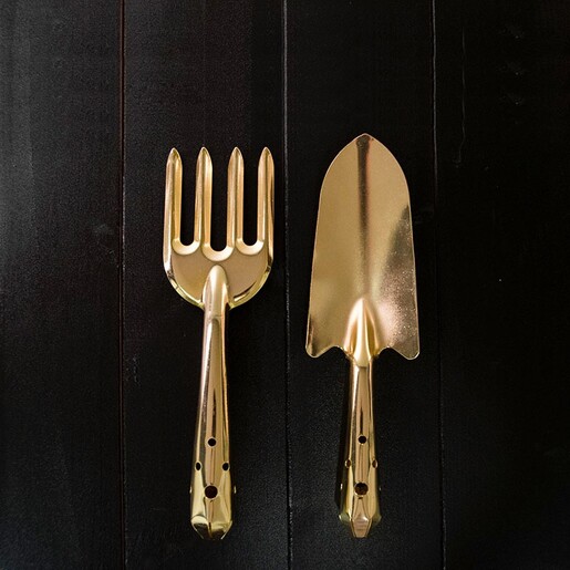 Gold Trowel and Fork Gardening Set on Black Background