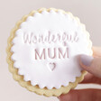 Model Holding Pink 'Wonderful Mum' Shortbread Cookie