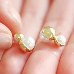 Double Half Pearl Stud Earrings in Gold