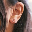 close up of model wearing stud outline from Mismatched Crystal Heart Earrings in Rose Gold