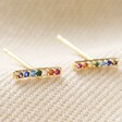 Close-up of Rainbow Crystal Bar Stud Earrings in Gold