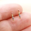 Model Holding Rainbow Crystal Bar Stud Earrings in Gold