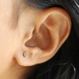 Model Wears Peridot Sterling Silver Birthstone Stud Earrings in Gold