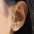 Model Wears Sterling Silver Birthstone Stud Earrings in Gold