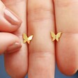 Model Holding Tiny Butterfly Stud Earrings in Gold
