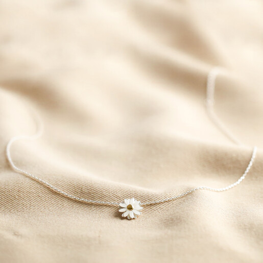 Full length Enamel Daisy Pendant Necklace on fabric