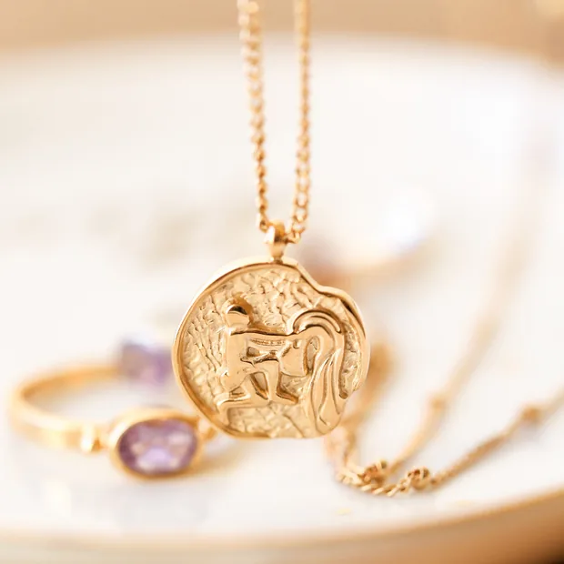 Gold Stainless Steel Aquarius Pendant Necklace gold stainless steel aquarius pendant necklace hanging above gold ring and gold necklace