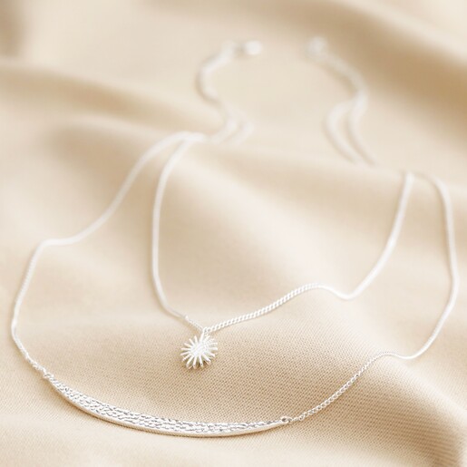 Full Length Sun and Horn Layered Necklace in Silver