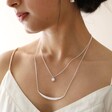 Model Wearing Sun and Horn Layered Necklace in Silver