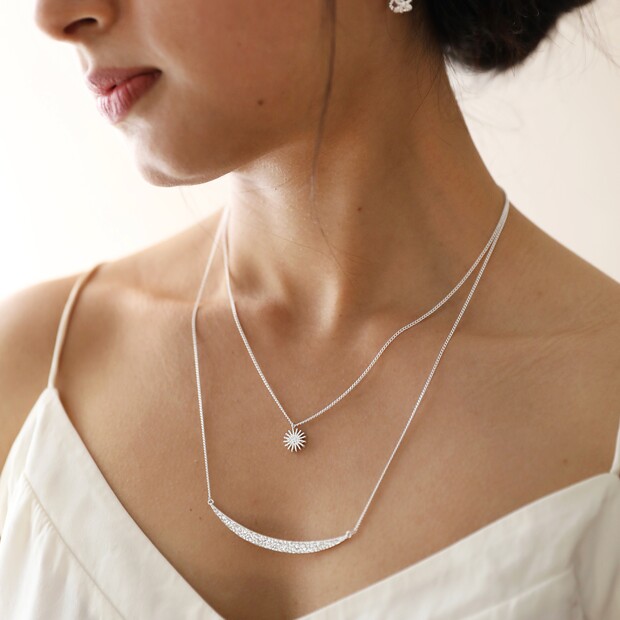 Sun and Moon Layered Necklace in Silver Sun and Moon Layered Necklace in Silver