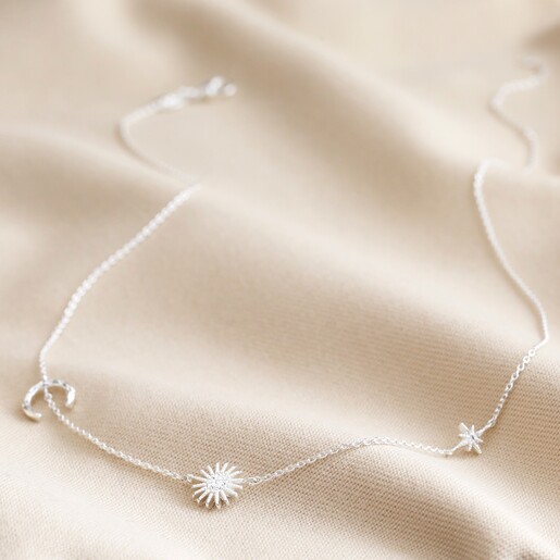 Full Length of Necklace Sun and Moon Chain Necklace in Silver on Fabric