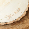 Close Up of Engraved on the Personalised Wooden Wedding Cake Block Stand
