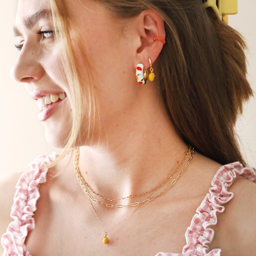 Model Layers Enamel Lemon Pendant Necklace in Gold With Gold Necklaces