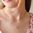 Enamel Lemon Pendant Necklace in Gold on Model With Other Gold Necklaces