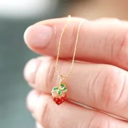 Enamel Strawberry Pendant Necklace in Gold