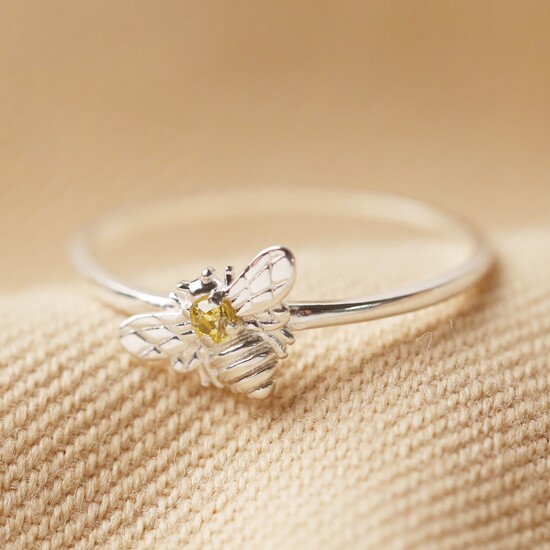 Sterling silver Bee ring with citrus stone in S/M