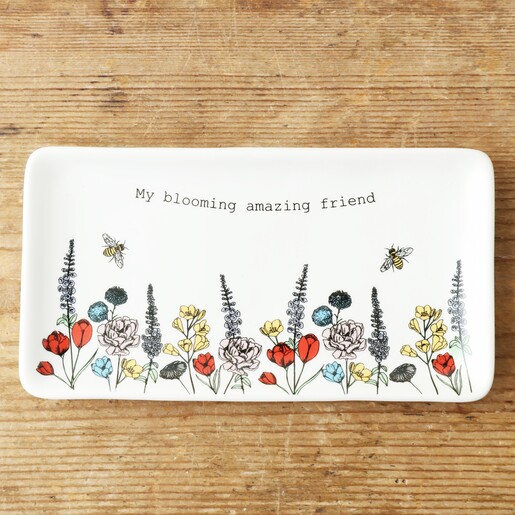 Long Wildflower Amazing Friend Trinket Dish on Wooden Table from Above