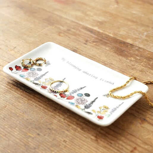 Long Wildflower Amazing Friend Trinket Dish with Jewellery on Wooden Surface