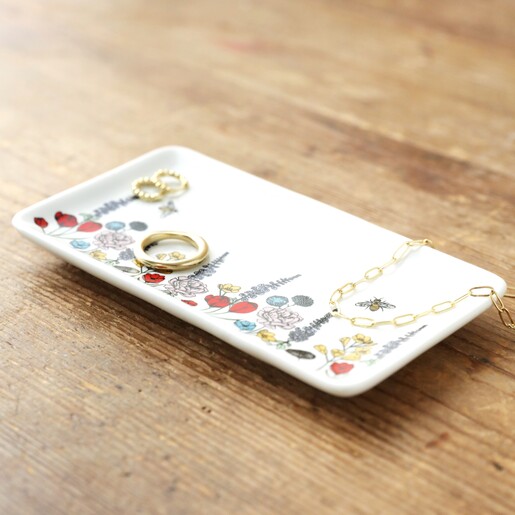 Long Wildflower Trinket Dish with Jewellery on Wooden Table