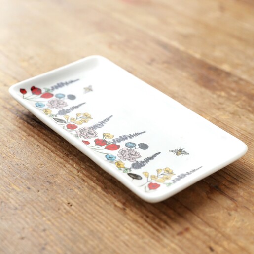 Empty Long Wildflower Trinket Dish on Wooden Table