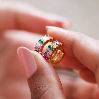 Pink and Green Baguette Crystal Huggie Hoop Earrings