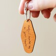 Model Holding Brown Personalised Handwriting Leather Tag Keyring