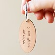 Model Holding Pink Personalised Handwriting Leather Tag Keyring