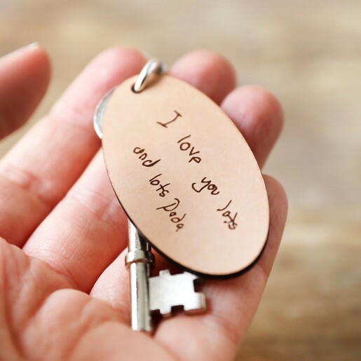 Pink Keyring Model Holding Pink Personalised Handwriting Leather Tag Keyring with Silver Key