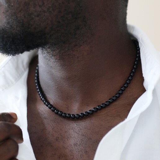 Men's Onyx Stone Bead Necklace in Black 
