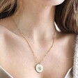Model Wearing Gold Personalised Birth Flower Antique Effect Pendant Necklace