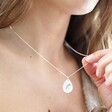 Model Wearing Silver Personalised Birth Flower Antique Effect Pendant Necklace