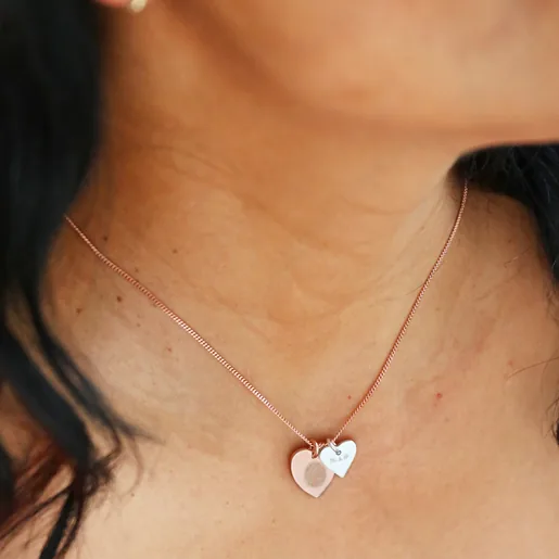 Model Wearing Personalised Fingerprint Sterling Silver Double Heart Pendant Necklace