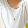 Model Wears Lisa Angel Men's Personalised Hand-Stamped Stainless Steel Dog Tag Necklace