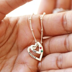 Personalised Sterling Silver Double Heart Outline Necklace with Swarovski Crystal